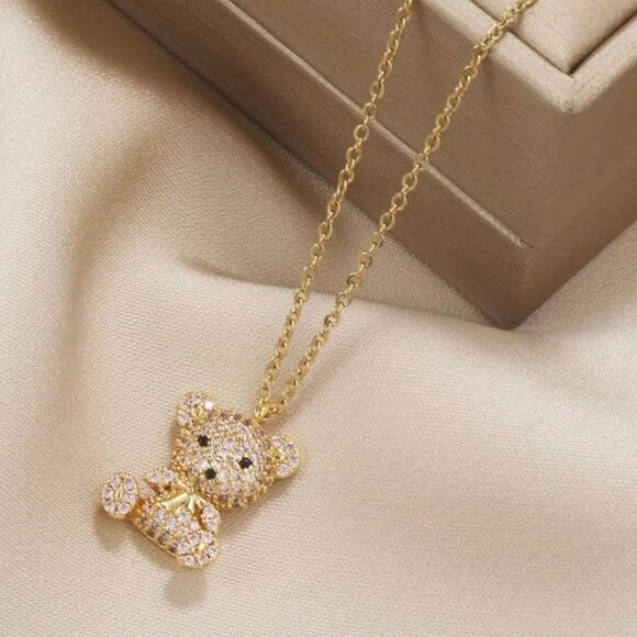 18K Gold Plated Diamond Bear Pendant Necklace - Picture 1 of 4